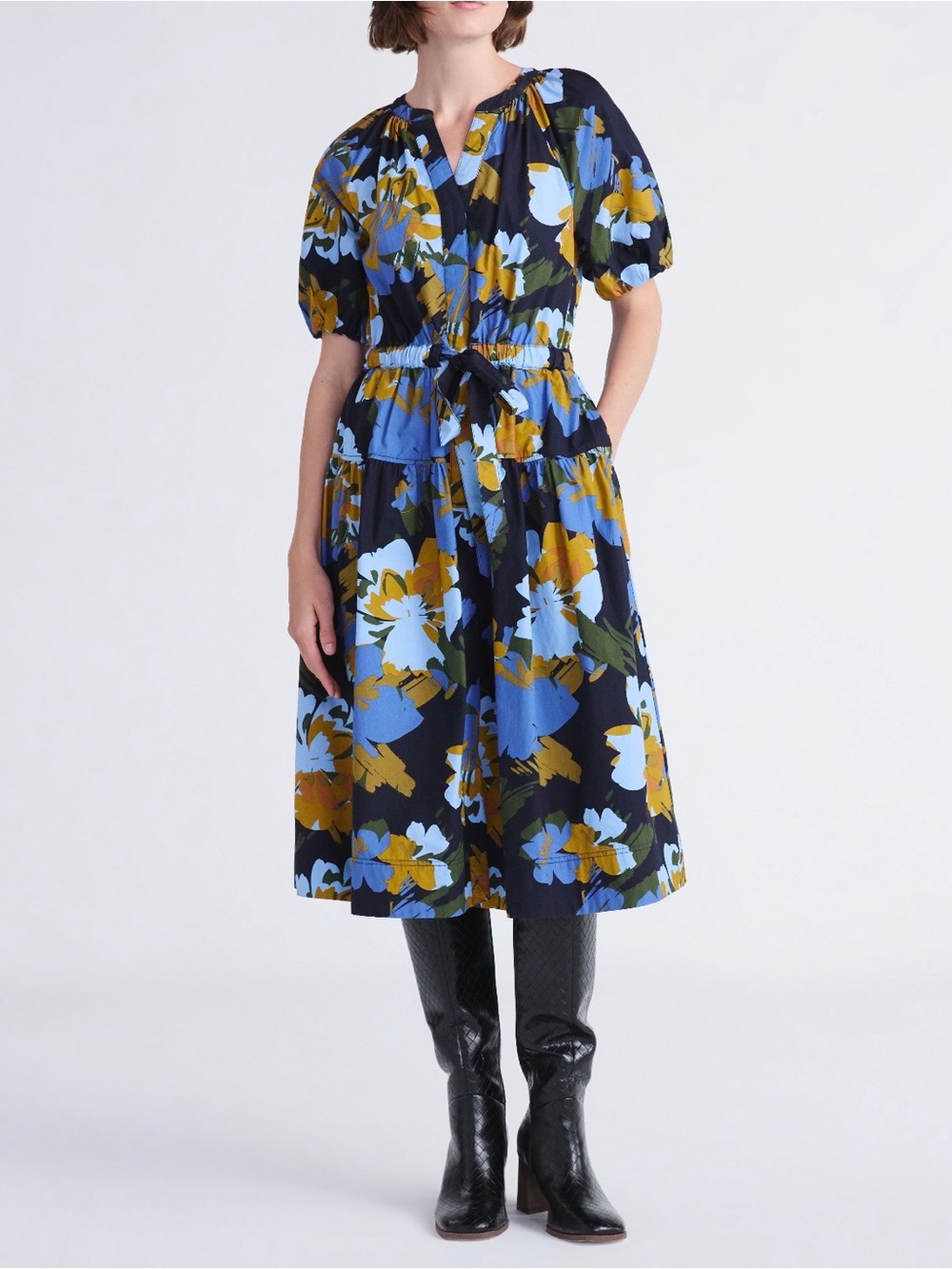 Free Assembly Floral Cotton Puff Sleeve Midi Dress M
